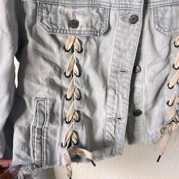 Hidden Distressed Lace Up Jean Jacket - Picture 3 of 4